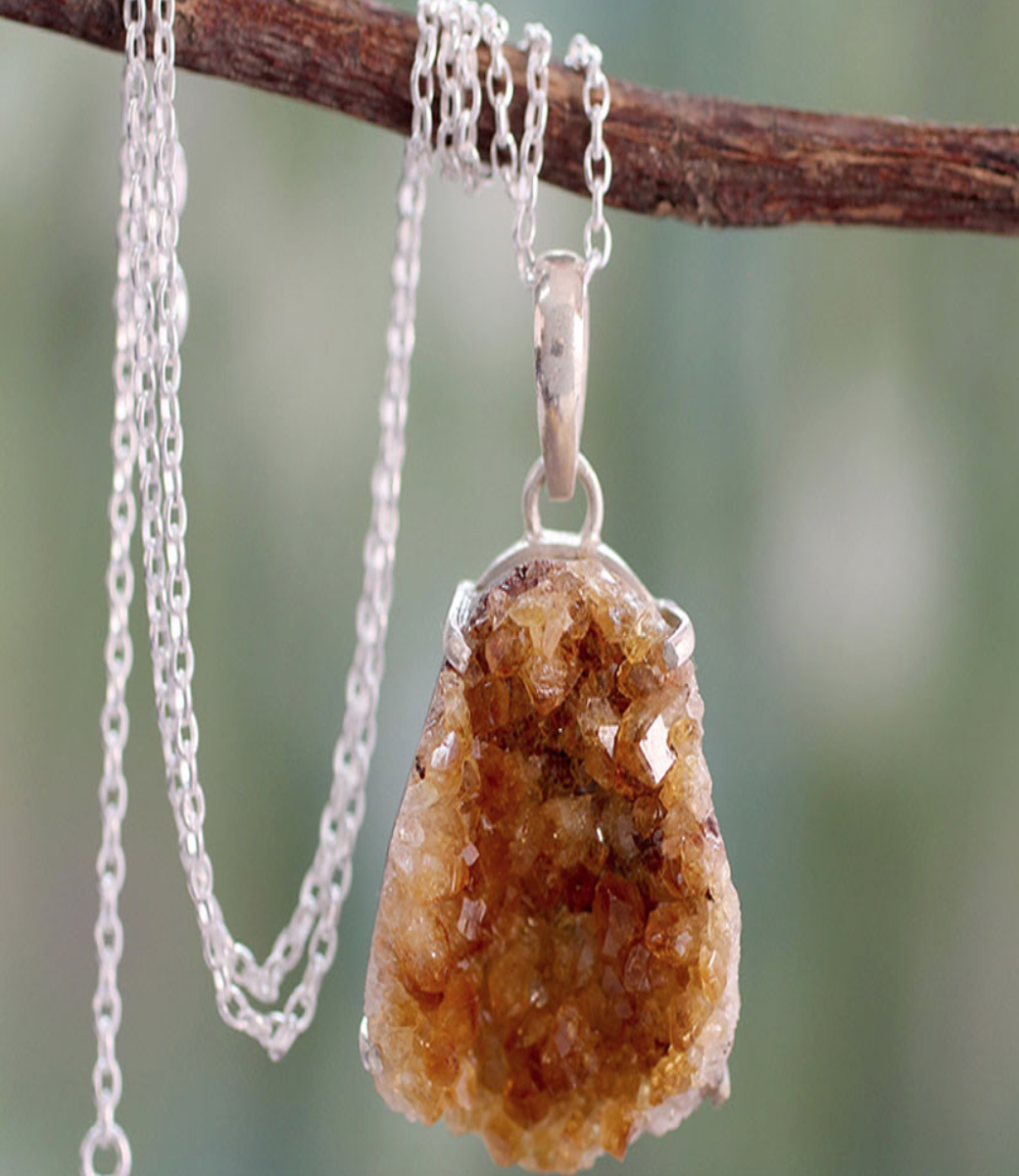 Uncut Citrine and Sterling Pendant Necklace , 'Crystal Intrigue' Birthstone Citrine