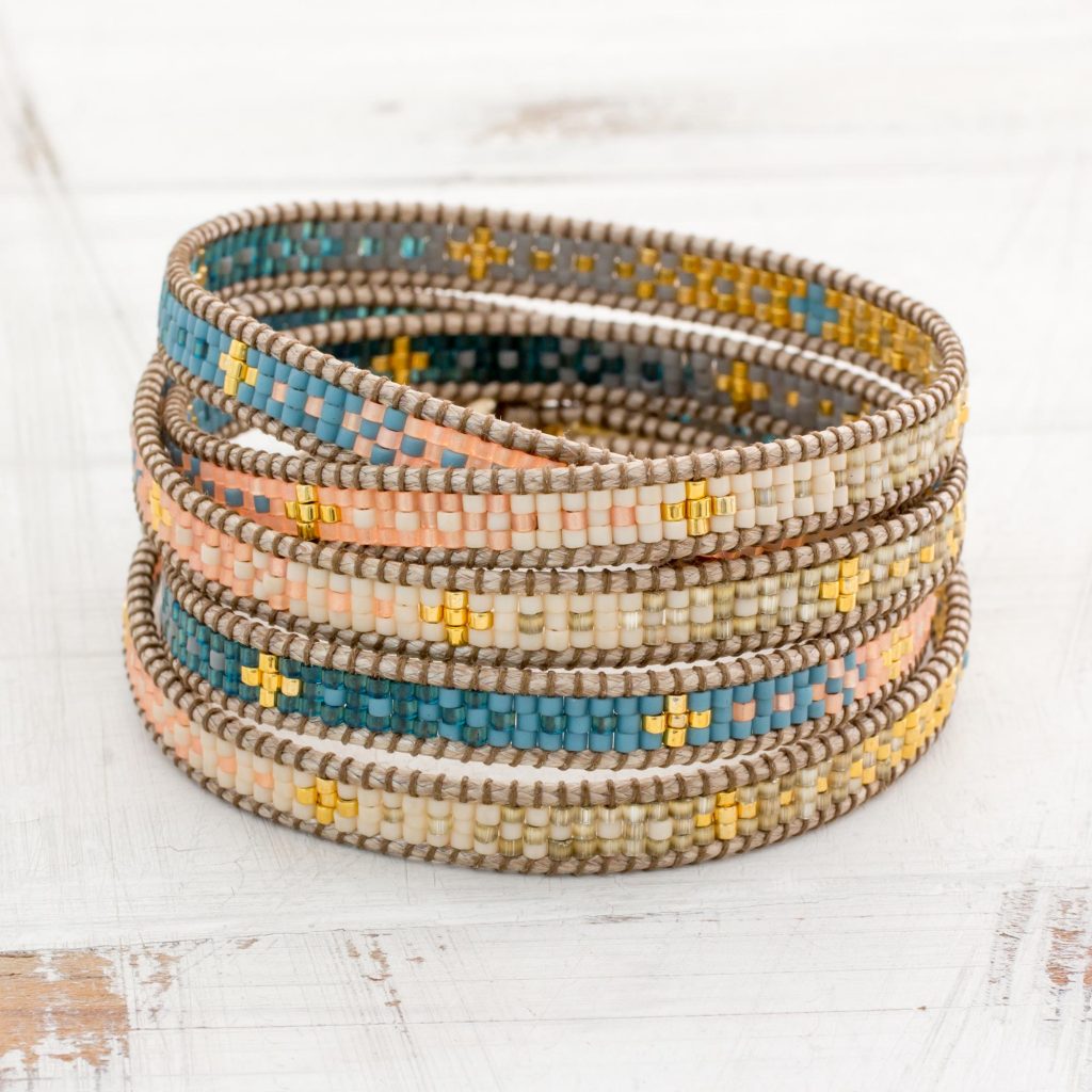 Colorful Glass Beaded Wrap Bracelet from Guatemala, 'Cerro de la Cruz in Blue' Bracelets and rings