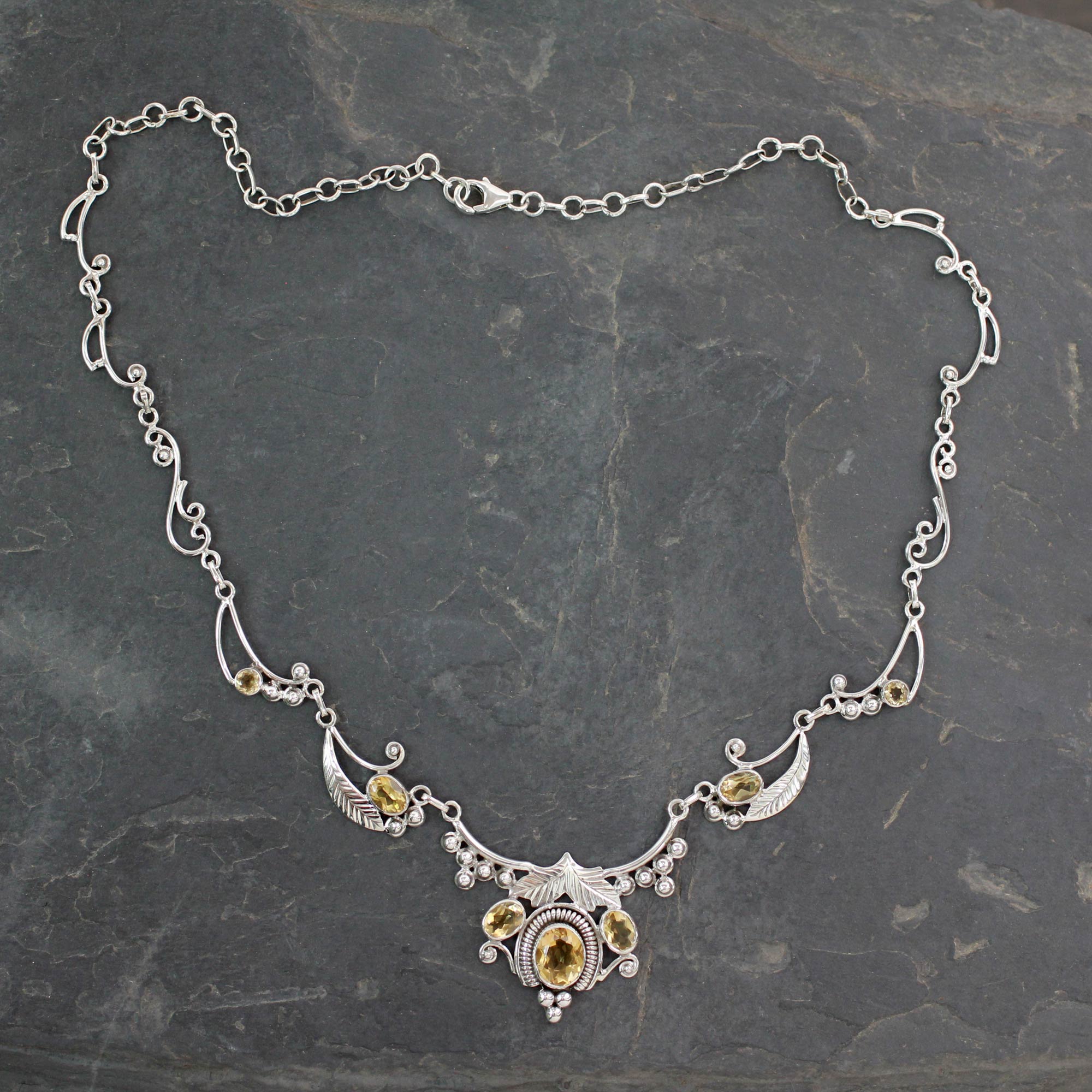 Handcrafted Sterling Silver and Gemstone Floral Necklace, 'Indian Princess' Birthstone Citrine