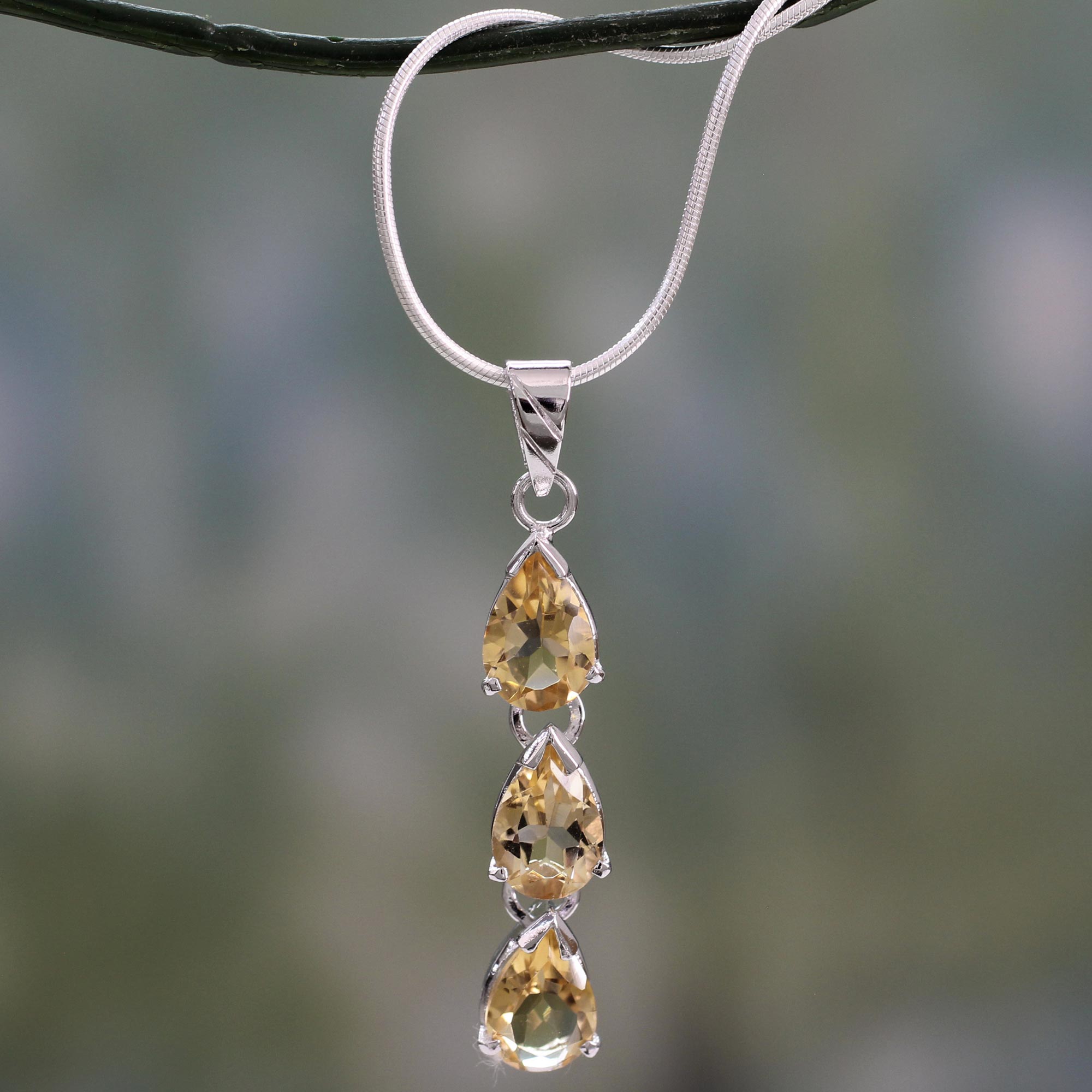 Citrine Pendant on Sterling Silver Necklace Handmade India, 'Sundrops' Birthstone citrine