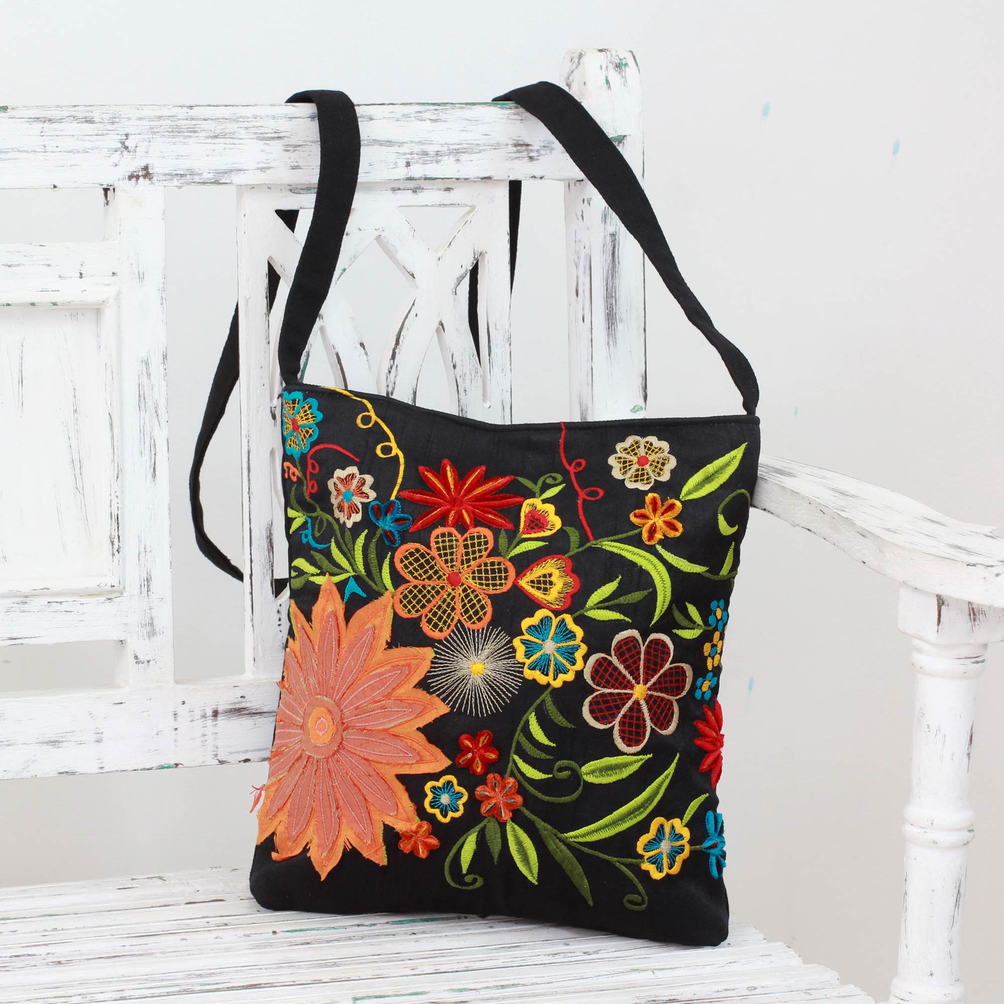 Embroidered Cotton Shoulder Bag, 'Tropical Night' black floral flowers 