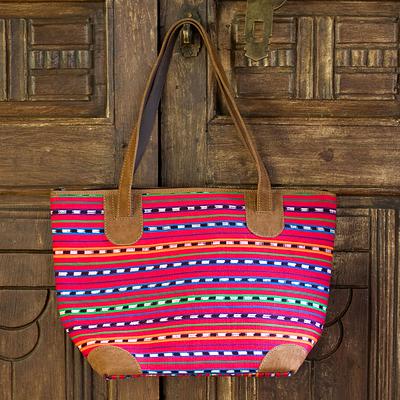Central American Cotton and Leather Accented Tote, 'Maya Festival' handbag shoulder bag