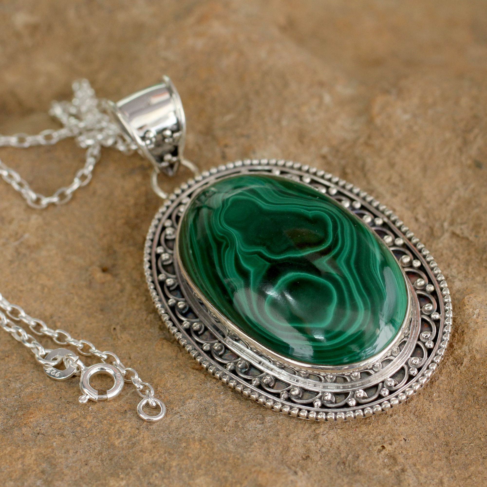 Fair Trade Sterling Silver and Malachite Pendant Necklace, 'Mirror Mirror on the Wall'