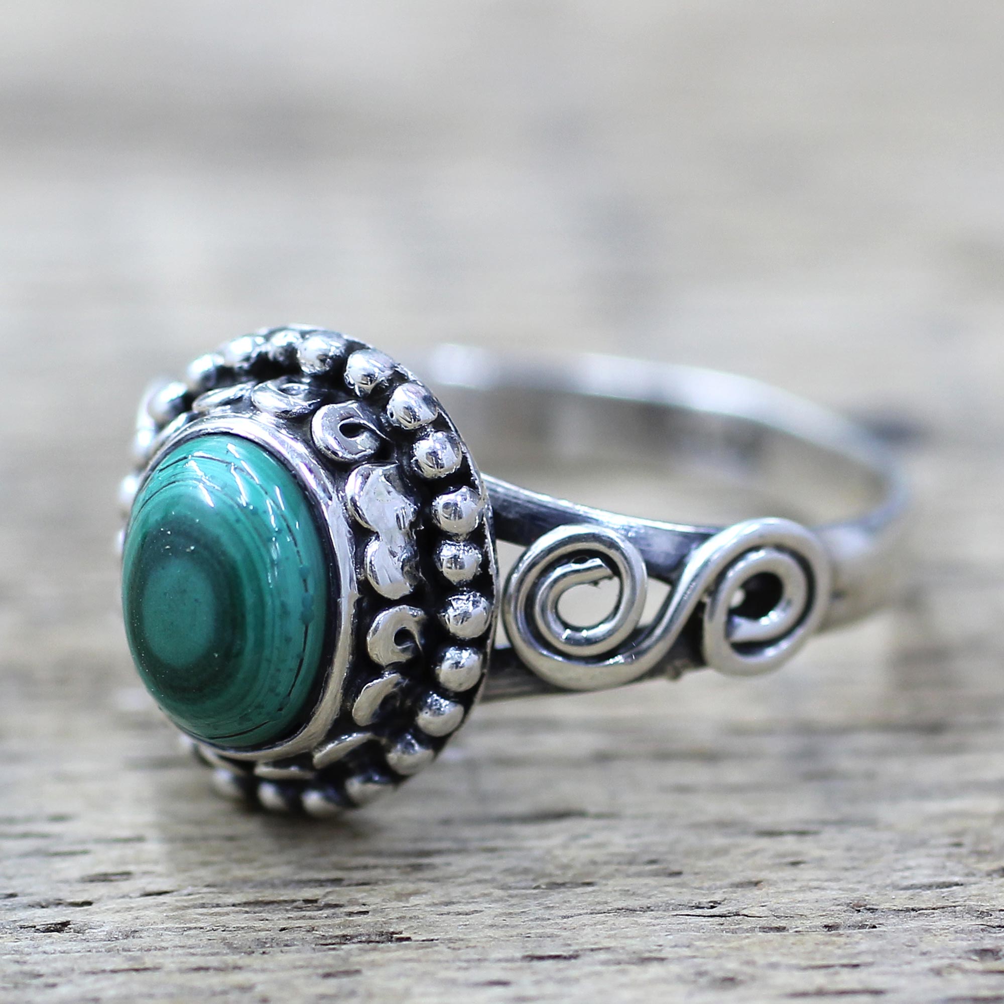 Artisan Designed Sterling Silver and Malachite Cocktail Ring, 'Hypnotic Forest' Marvelous malachite