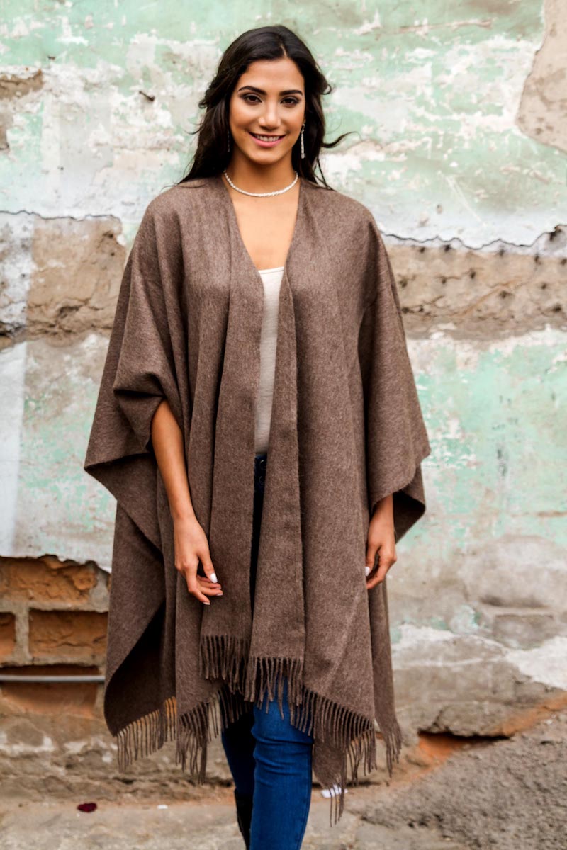 Alpaca Wool Solid Wrap Ruana from Peru, 'Lush Dark Brown' wraps and ruanas