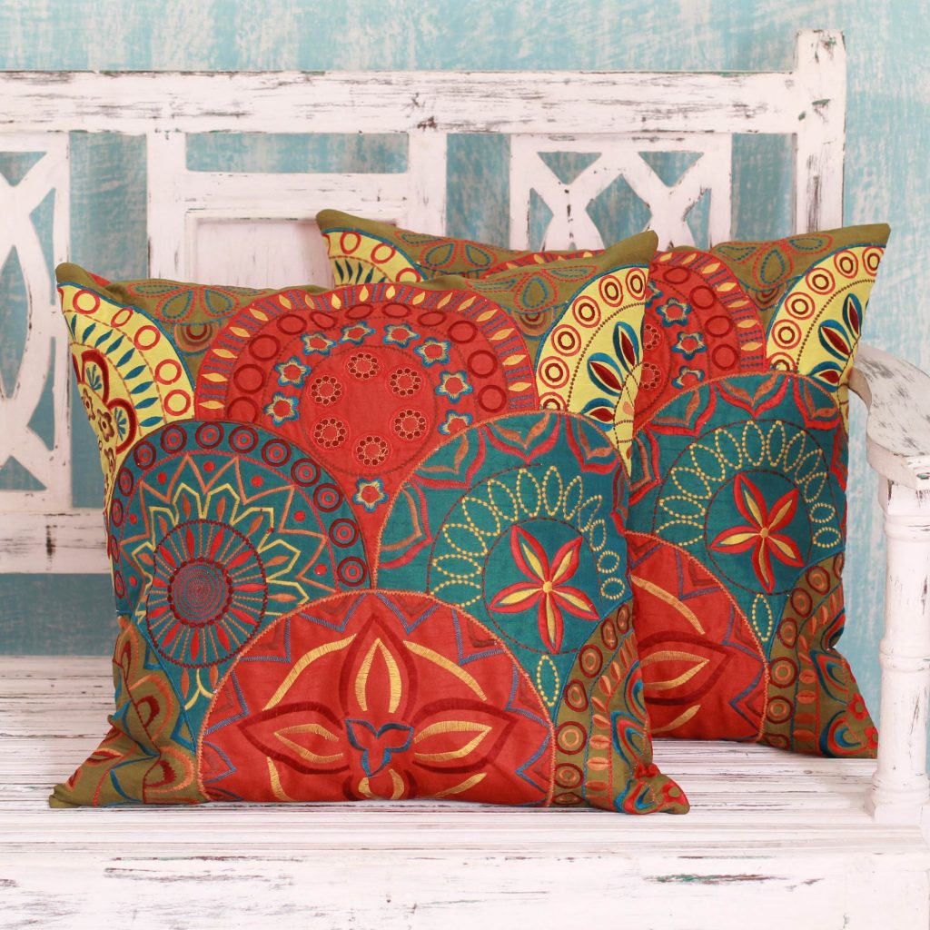 2 Orange and Teal Embroidered Applique Cushion Covers, 'Glorious' cushions, decorative cushions throw blankets and pillows