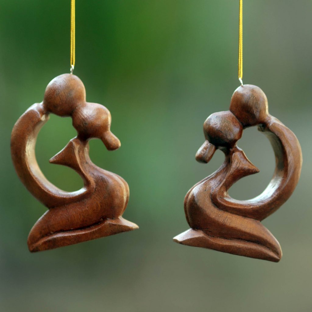 Holiday Décor Hints 2 Ornaments of Couple Kissing Hand Carved of Suar Wood, 'A Loving Kiss' Christmas Tree natural grain. Made in Indonesia