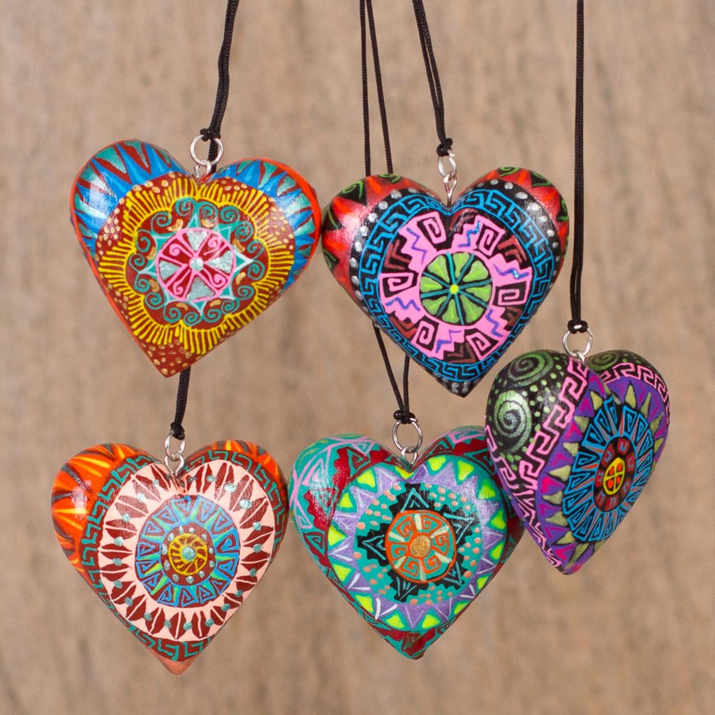 Holiday décor Hints Five Painted Heart-Shaped Alebrije Ornaments from Mexico, 'Alebrije Hearts'