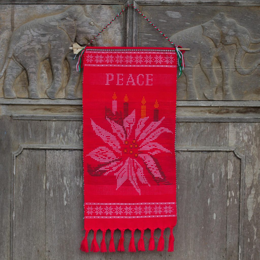 Holiday Décor Hints Hill Tribe Red Cotton Christmas Peace Theme Wall Hanging, 'Peace' cord for hanging. Made in Thailand