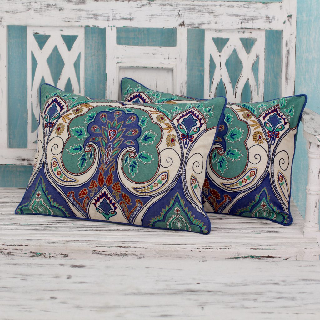 Multicolored Embroidered Cushion Covers from India (pair), 'Autumn in Delhi' handmade pillows, decorative pillows throw blankets and pillows