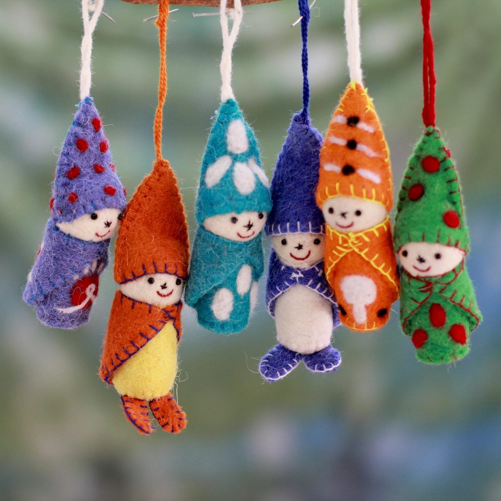 Multicolored Handcrafted Nonbreakable Holiday Ornament Set, 'Snow Babies' Bundled in colorful woolens. Handcrafted in India by Rajesh Gehlot. Set of 6. Made in India Holiday Décor Hints