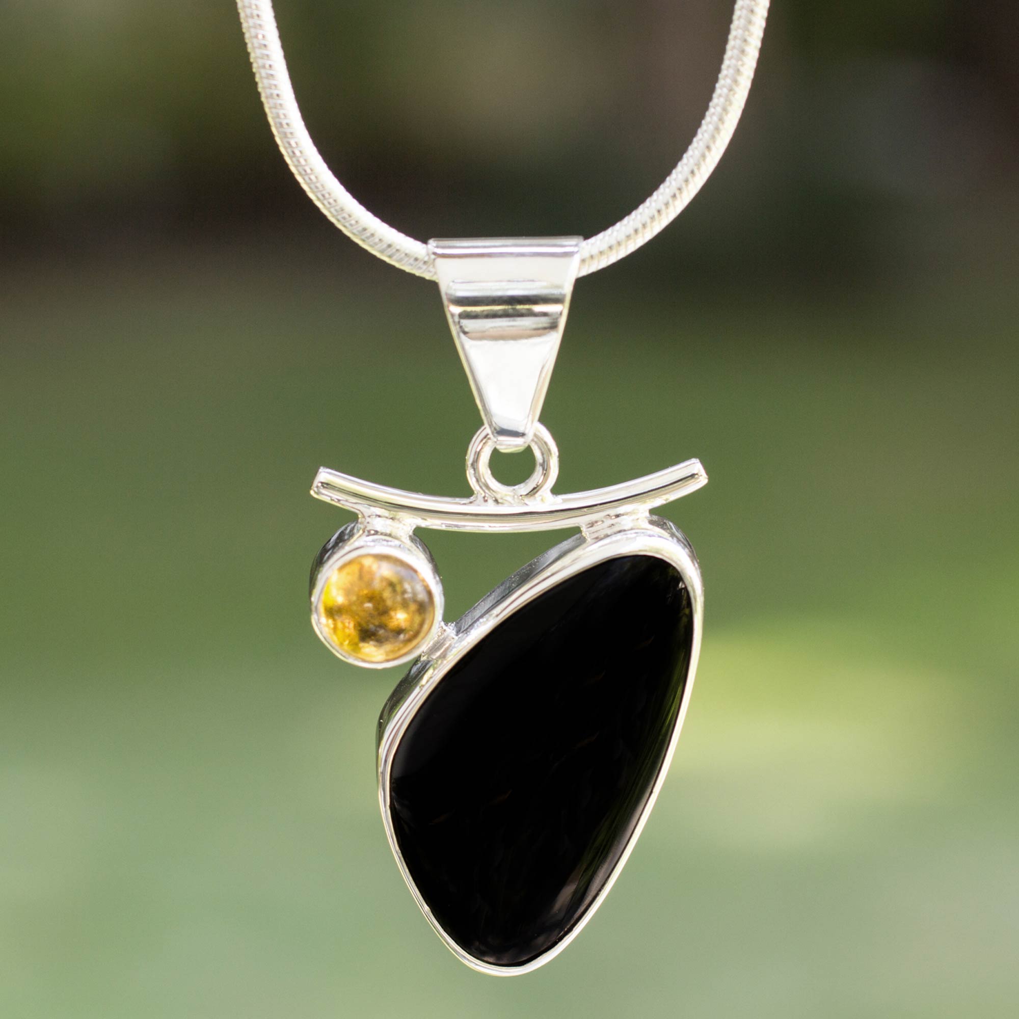 Modern Citrine and Obsidian Necklace from Mexico, 'Light Up the Night' Birthstone citrine