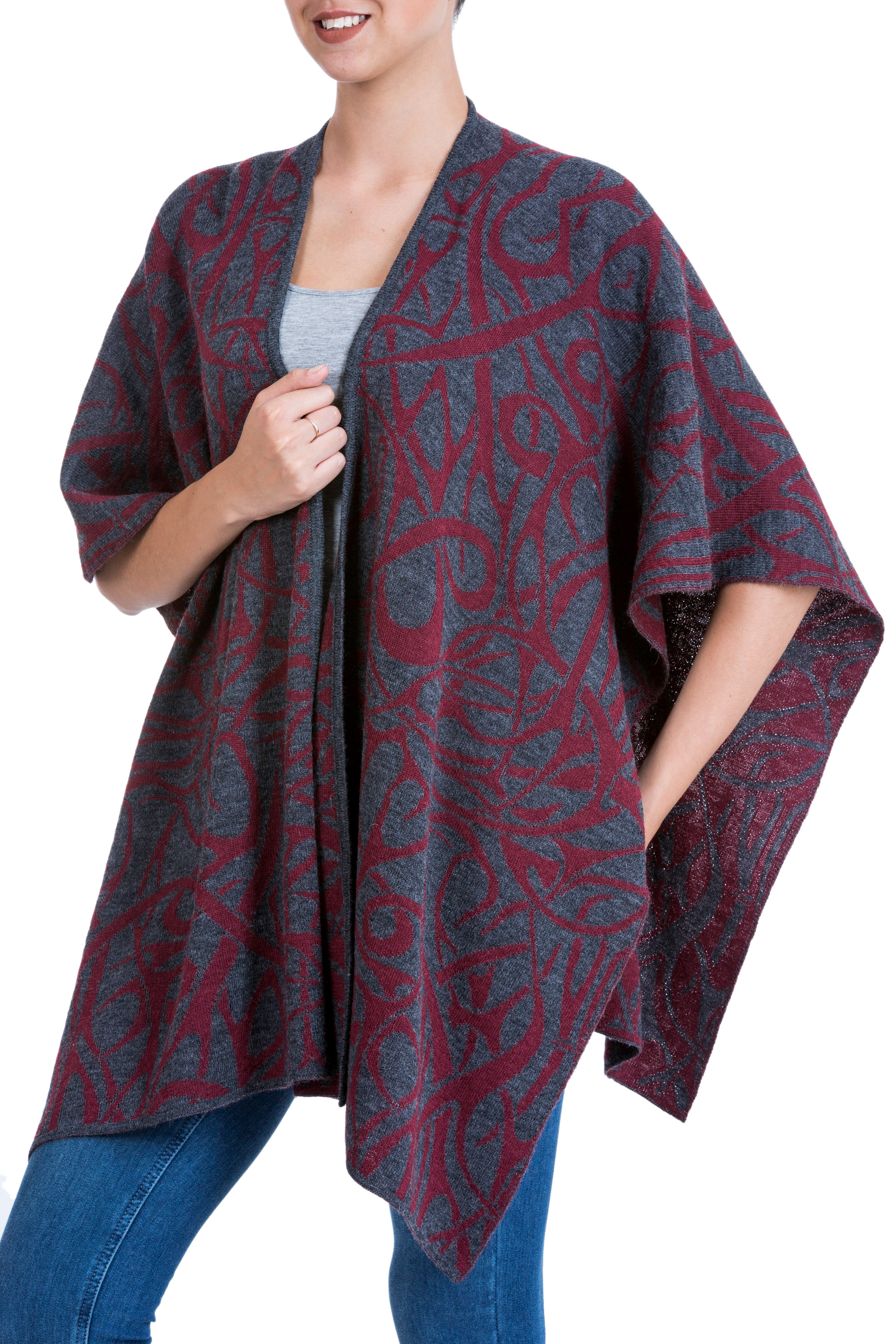 fall apparel, wraps, ruanas wraps and ruanas Fair Trade Alpaca Blend Andean Reversible Ruana Cape with Ab, 'Arabesque Abstractions'