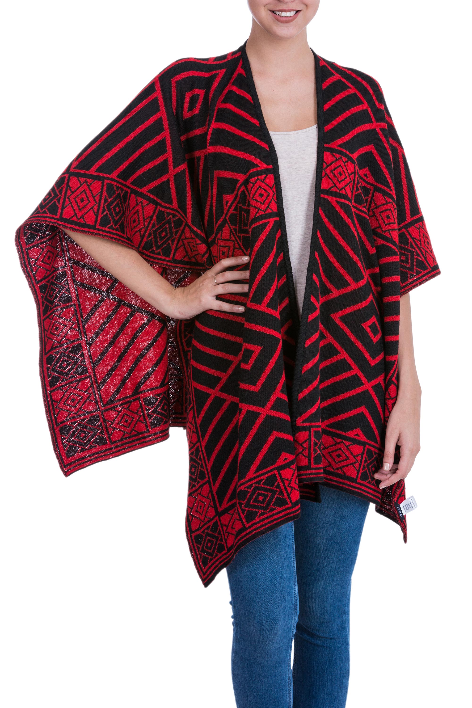 ruanas, women fashion Reversible Alpaca Blend Andean Red and Black Ruana Cloak, 'Inca Ruby' wraps and ruanas