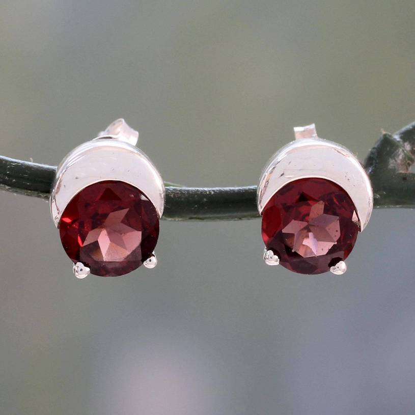 Sterling Silver and Garnet Stud Earrings from Indian Artisan, 'Beneath the Moon' Garnet Jewelry