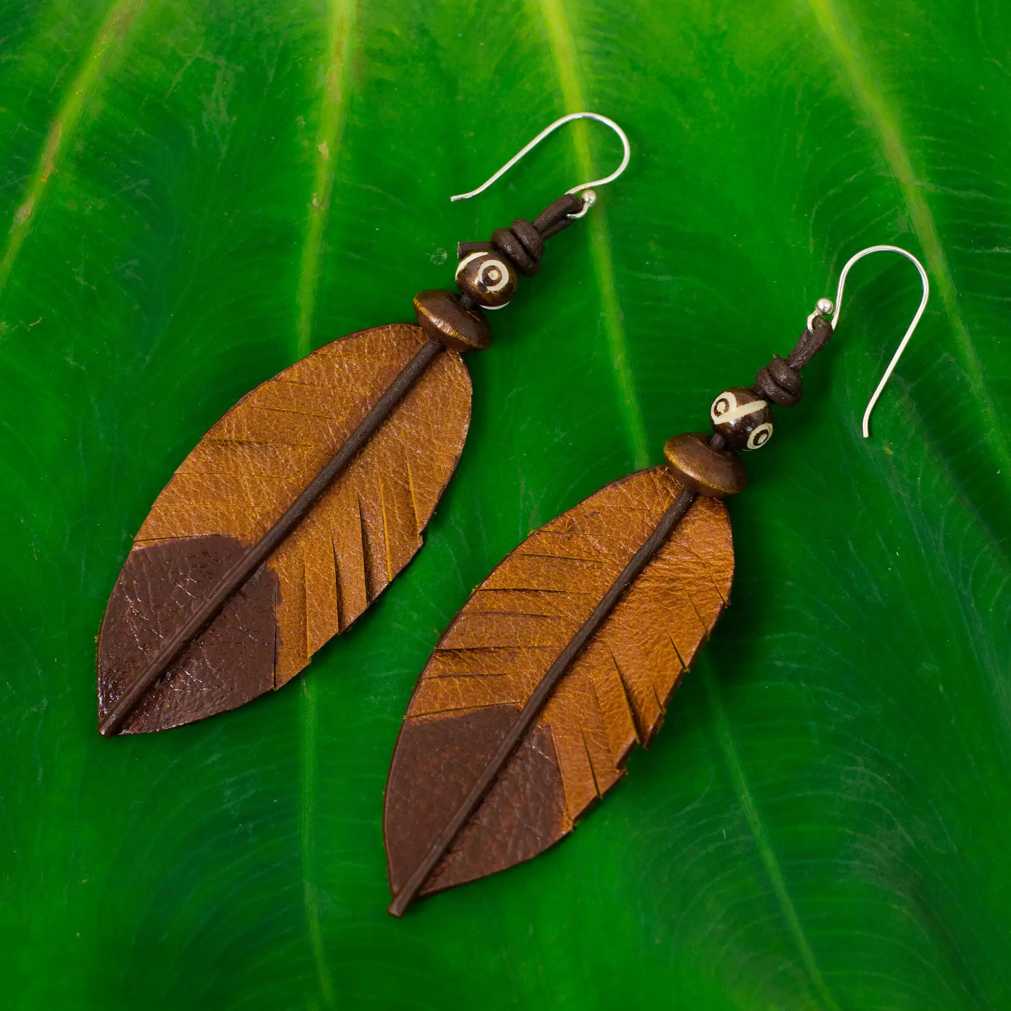 ‘Indian Feather’ Feather-Shaped Leather Crafted Earrings Bone and Wood Earring and Necklace Pairings