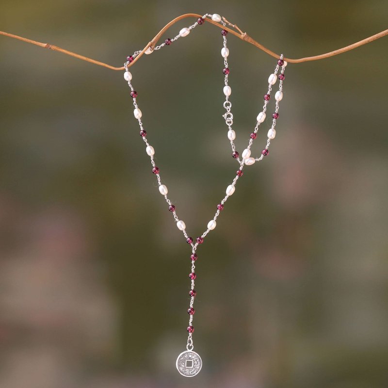Sterling Silver, Onyx, Garnet and Pearl Y-Style Necklace, 'Ebony and Crimson Pis Bolong' Garnet Jewelry