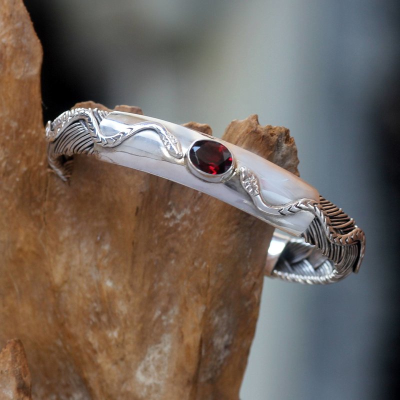 Indonesian Snake Motif Cuff Bracelet with Garnet, 'Snake Dance' Garnet Jewelry