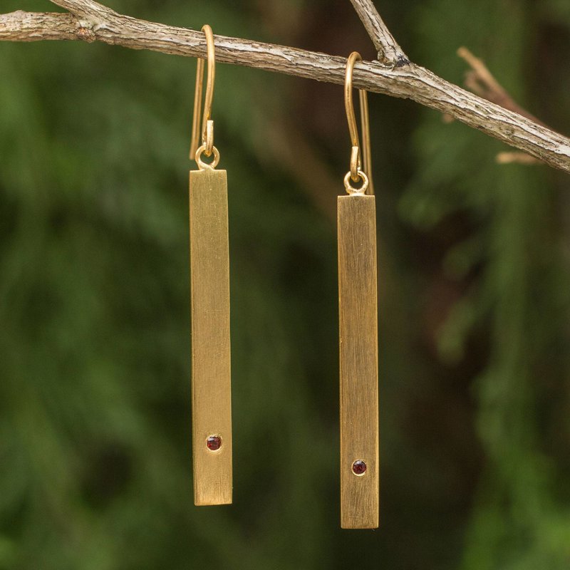 Brushed Satin 24k Gold Plated Silver Earrings with Garnets, 'Simple Compassion' Garnet Jewelry