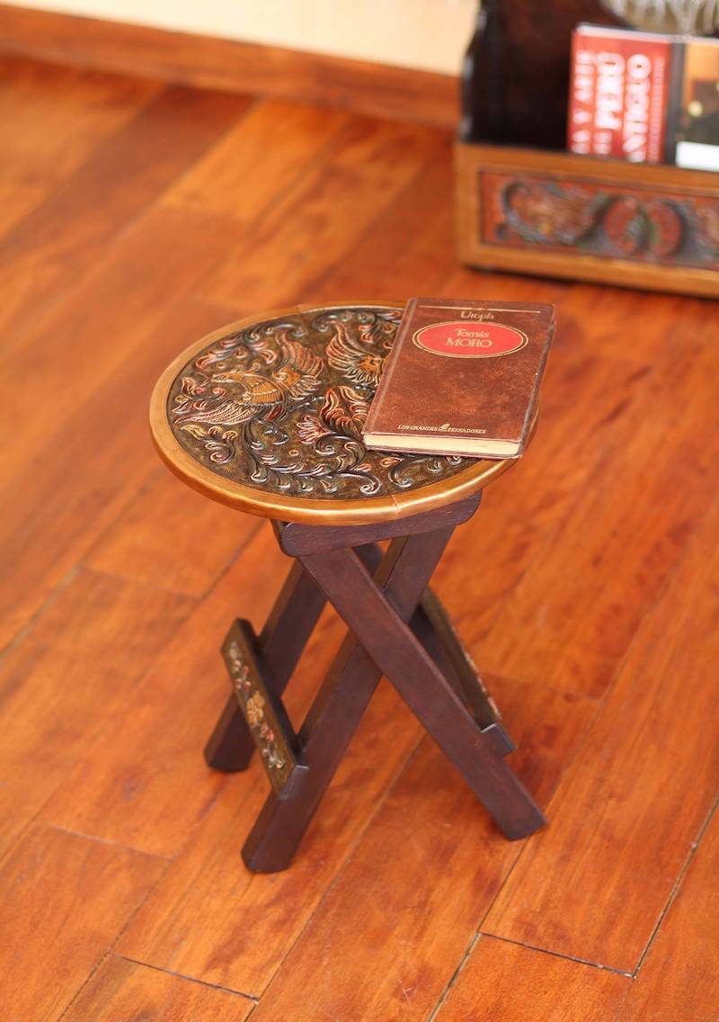 Hand-Tooled Leather Top Folding Table with Birds Motif, 'Brilliant Birds in Flight' Living Room Essentials
