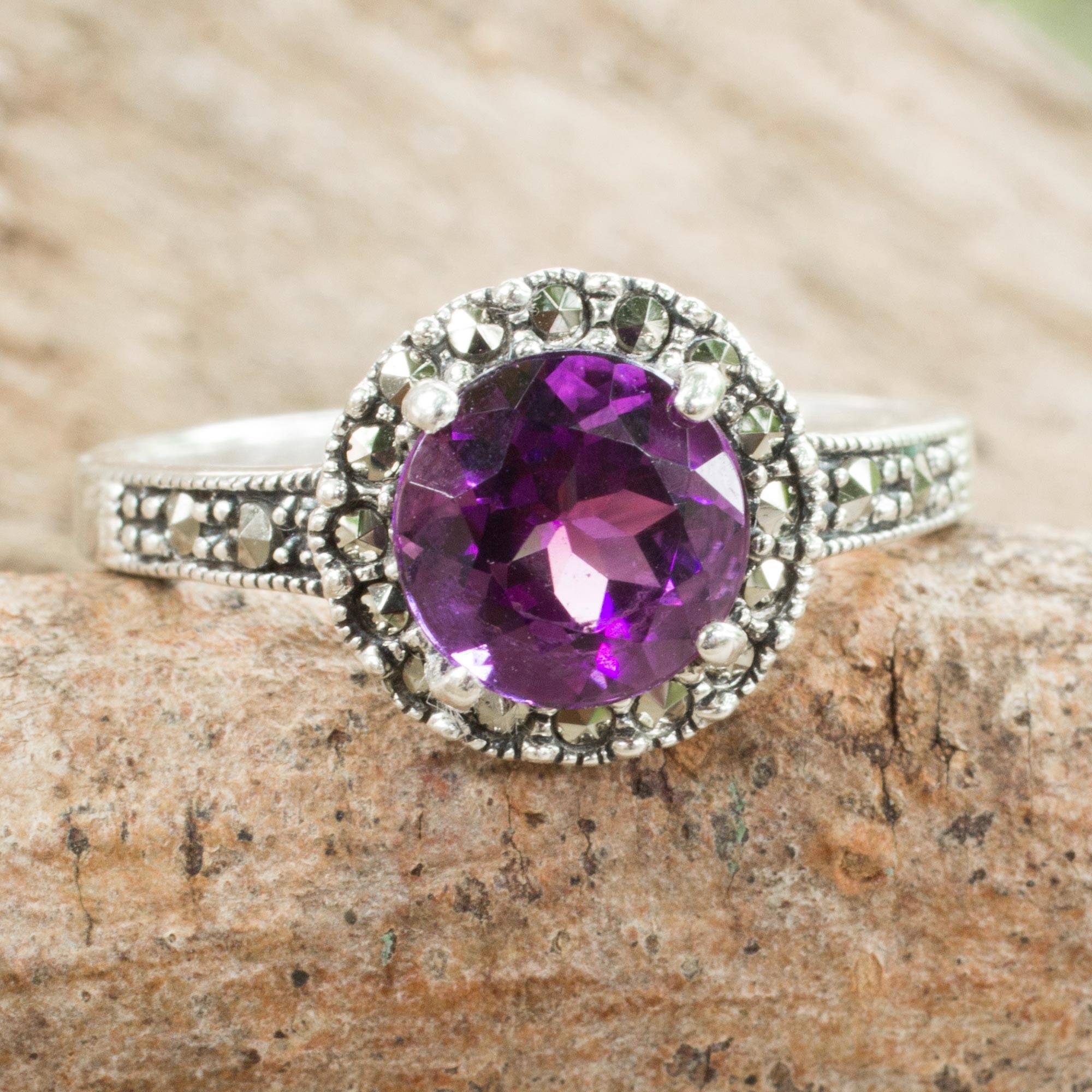 Amethyst and Marcasite Sterling Silver Ring Artisan Jewelry, 'Contemporary Belle'