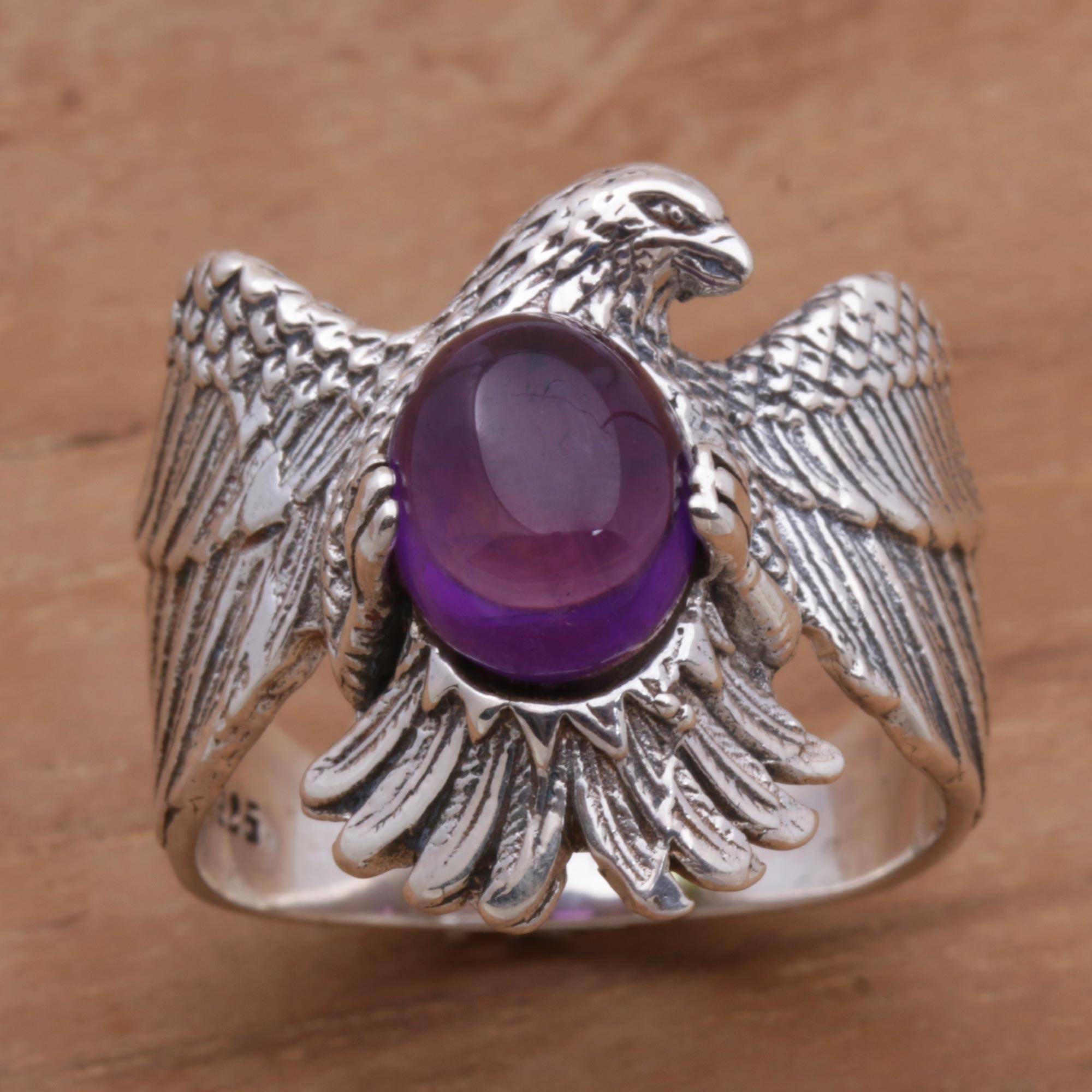 Amethyst and 925 Sterling Silver Eagle Ring from Bali, 'Brave Garuda'
