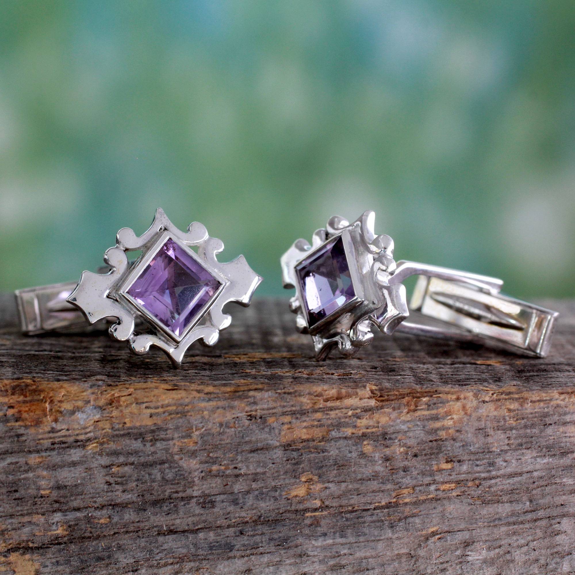 Square Cut Amethyst and Sterling Silver Cufflinks from India, 'Violet Squared'