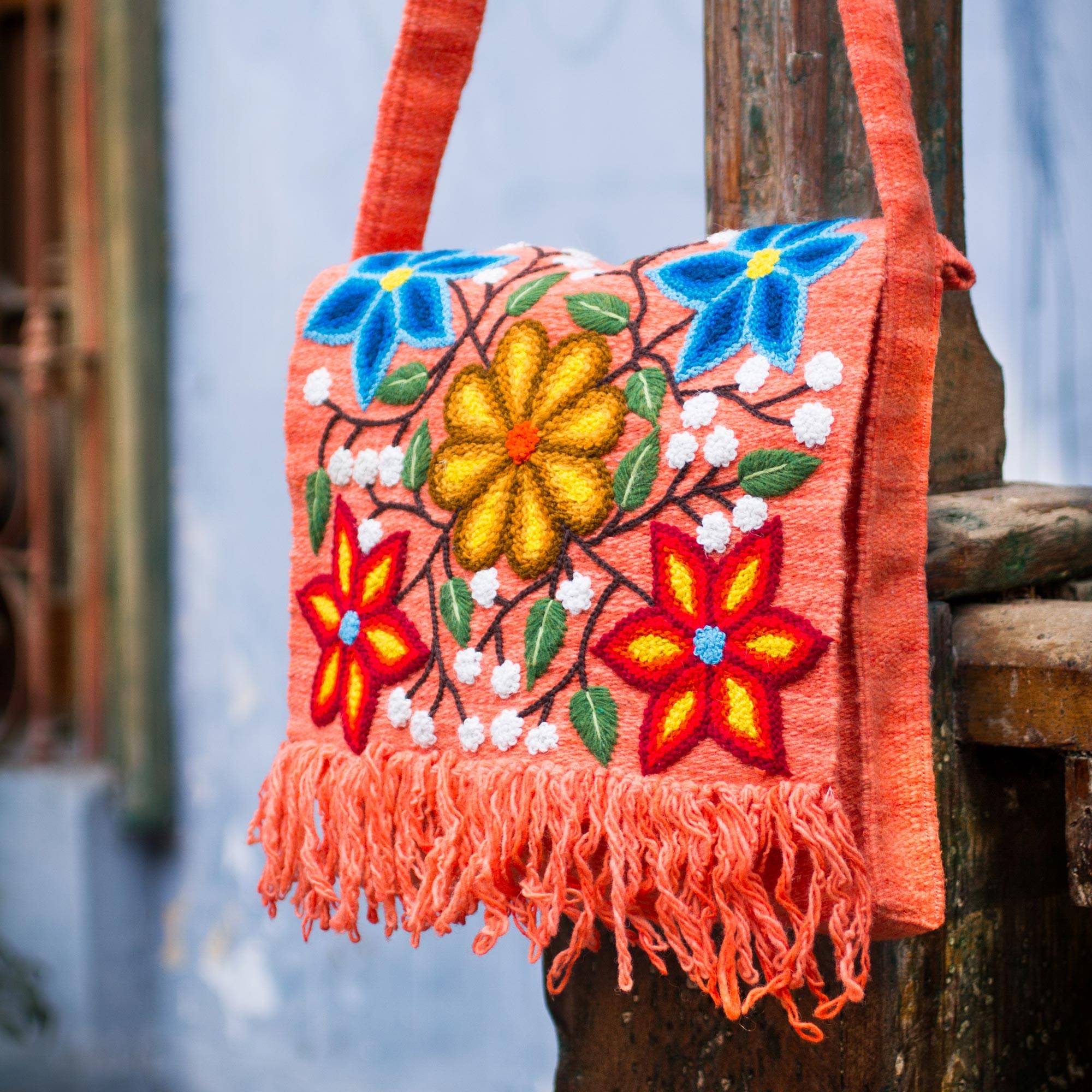 Floral Embroidered Wool Shoulder Bag, 'Country Dawn' seasonable fashion