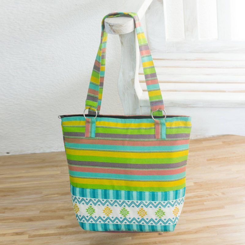 Guatemalan Handwoven Turquoise Cotton Tote with Green Yellow, bags, handmade seasonable fashion