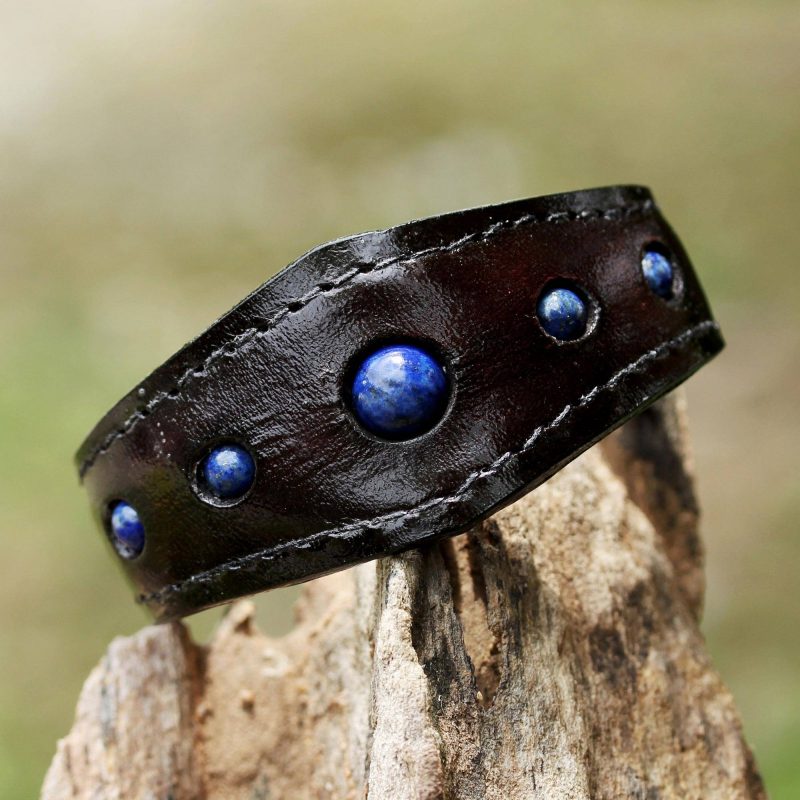 Power Blue', Lapis Lazuli Cuff Bracelet in Leather Handmade in Thailand Jewelry Styles for Men