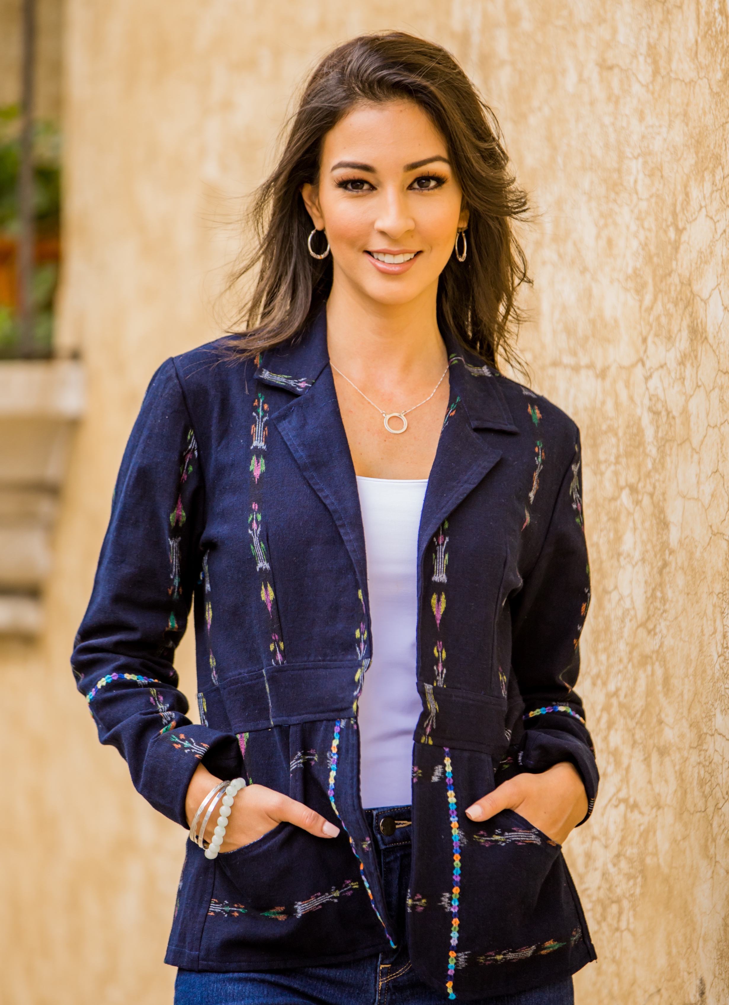 Mountain Fashion Woven Blue Cotton Blazer with Multicolor Accents Revamp your wardrobe