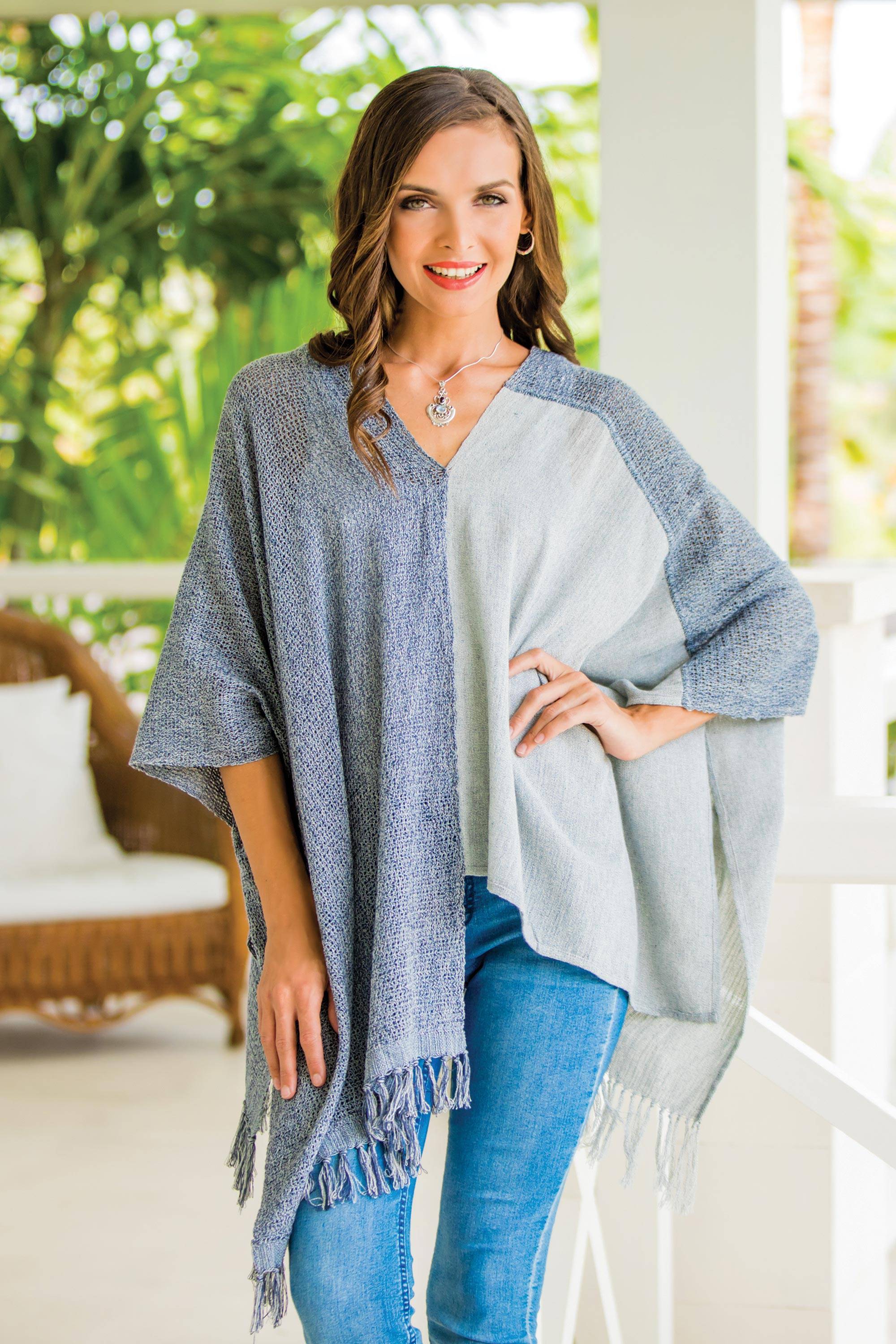 Textures of Guatemala Guatemalan Handwoven Natural and Recycled Cotton Poncho Revamp Your Wardrobe