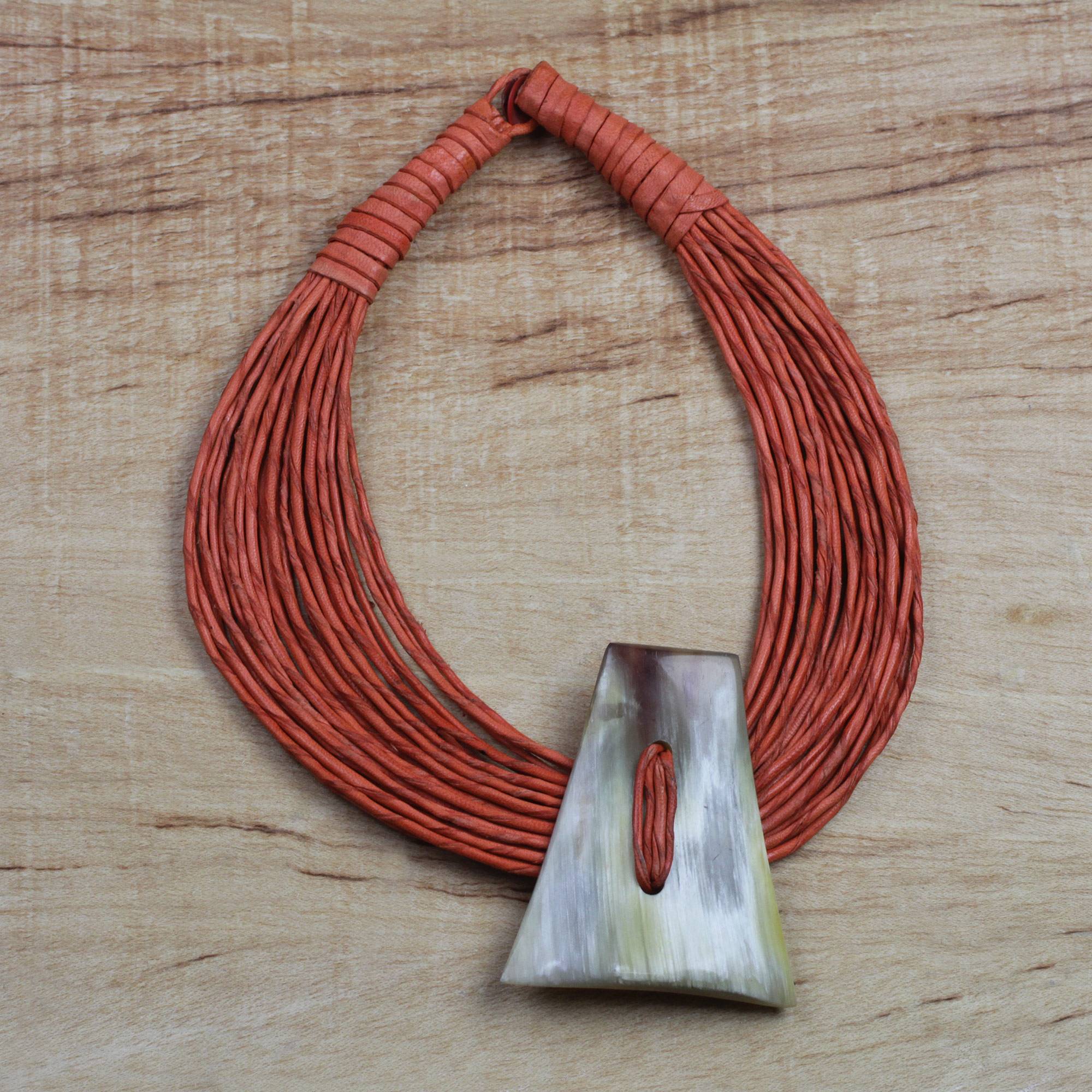 Matching Accessories 'Laami' Ghanaian Orange Leather and Bone Statement Cord Necklace